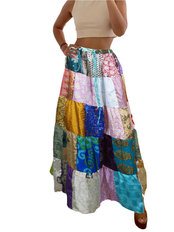 Women's Boho Maxi Skirt  Pink Floral Multicolor Patchwork from Recycled Silk Summer Beach S/M